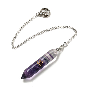 Bullet Natural Fluorite Pointed Dowsing Pendulums, with Rack Plating Antique Silver Plated Brass Pendants Ohm/Aum Findings, 240mm