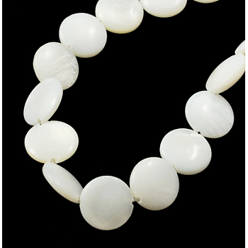 Natural Shell Beads Strands, Flat Round, White, 8x3mm, Hole: 1mm, about 50pcs/strnad, 15.3 inch