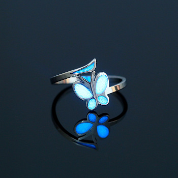 Glow in the Dark Luminous Stainless Steel Butterfly Finger Ring, with Enamel, Stainless Steel Color, Inner Diameter: 18mm