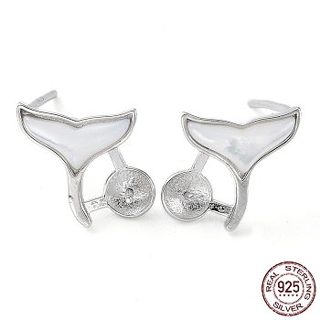Rhodium Plated 925 Sterling Silver Stud Earring Findings, with Shell & S925 Stamp, for Half Drilled Pearl Beads, Fishtail, Real Platinum Plated, 10x10mm, Pin: 0.7mm