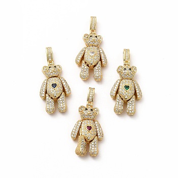 Rack Plating Brass Micro Pave Cubic Zirconia Pendants, Cadmium Free & Lead Free, Real 18K Gold Plated, Long-Lasting Plated, Mechanical Charm, Bear with Heart Charm, Mixed Color, 32x17.5x8.5mm, Hole: 3x6.5mm