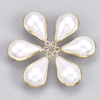 ABS Plastic Imitation Pearl Charms, with Brass Findings, teardrop, Real 18K Gold Plated, Creamy White, 12.5x7x5.5mm, Hole: 1.2mm