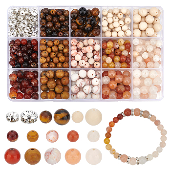 DIY Beads Jewelry Making Finding Kit, Including Natural Mixed Gemstone Round & Brass Rhinestone Spacer Beads, 6~8x3~8mm, Hole: 1~2mm, 480Pcs/box