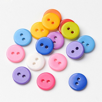 Candy Colorful Two-hole Buttons, Resin Button, Flat Round, Mixed Color, about 11mm in diameter, hole: 1.5mm, about 1000pcs/bag