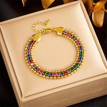 Golden 304 Stainless Steel Triple Layer Multi-strand Bracelets, Rhinestone Cup Chains Bracelet, Colorful, 6-3/8 inch(16.1cm)