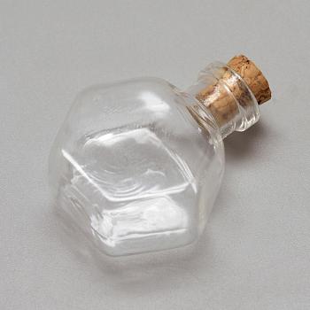 Glass Bottle Bead Containers, with Cork Stopper, Wishing Bottle, Hexagon, Clear, 32x27x15mm, Hole: 6.5mm, Capacity: 5ml(0.17 fl. oz)