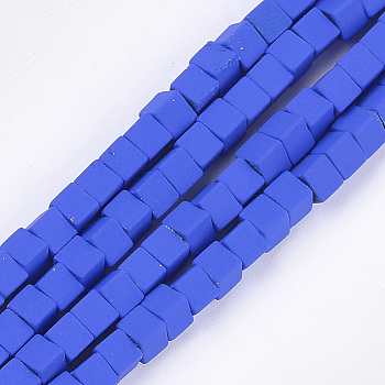 Spray Painted Non-magnetic Synthetic Hematite Beads Strands, Cube, Blue, 4x4x4mm, Hole: 0.8mm, about 94~100pcs/strand, 15.5 inch~16.3 inch