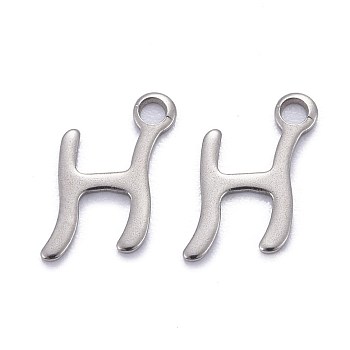 304 Stainless Steel Pendants, Alphabet, Stainless Steel Color, Letter.H, 9x7x1mm, Hole: 1.5mm