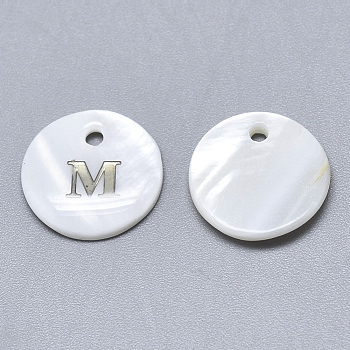 Natural White Shell Mother of Pearl Shell Charms, with Iron Sticker, Flat Round with Letter, Letter.M, 13x2mm, Hole: 1.5mm