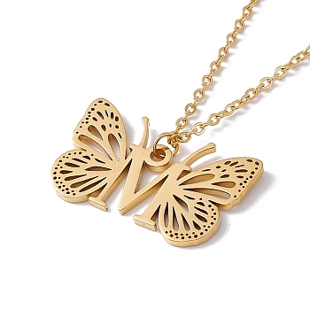 Initial Letter with Butterfly Pendant Necklace, Golden 304 Stainless Steel Jewelry for Women, Letter.M, Pendant: 17x27.5x1mm, 15.55 inch(39.5cm)