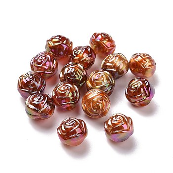 UV Plating Rainbow Iridescent Acrylic Beads, with Gold Foil, Rose, Sienna, 15x15x13mm, Hole: 3mm