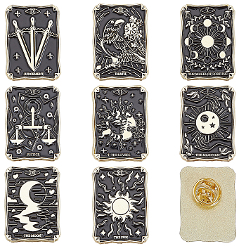 8Pcs 8 Styles Alloy Enamel Pins, Tarot Card Brooches, Black, 30.5x22.5x1.5mm, 1pc/style