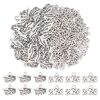 CHGCRAFT 120Pcs 2 Style Tibetan Style Alloy Charms, Doctoral Cap with Birth Year 2023, Antique Silver, 10x14mm and 10x14mm, 60pcs/style