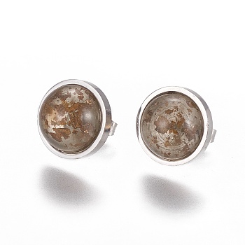 304 Stainless Steel Stud Earrings, with Resin and Ear Nuts/Earring Back, Half Round/Dome, Camel, Stainless Steel Color, 14x7mm, Pin: 0.6mm, 6pairs/card
