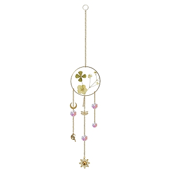 Glass Pendant Decorations, with Metal Finding and Dried Flower, Garden Window Hanging Suncatchers, Sun, Clover, 440mm