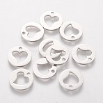 Non-Tarnish 201 Stainless Steel Charms, Flat Round with Heart, Stainless Steel Color, 12mm(STAS-Q201-T090)