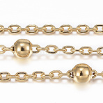 3.28 Feet Ion Plating(IP) 304 Stainless Steel Cable Chains, Satellite Chains, with Steel Round Beads, Soldered, Flat Oval, Golden, 2.5x1.9x0.3mm(X-CHS-H009-09G)