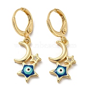 Real 18K Gold Plated Brass Dangle Leverback Earrings, with Enamel and Cubic Zirconia, Moon & Star with Evil Eye, Dark Blue, 32x11mm(EJEW-A033-18G-01)