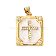 Rack Plating Brass Micro Pave Cubic Zirconia Pendants, Enamel Style, with ABS Imitation Pearl Beads, Cadmium Free & Lead Free, Long-Lasting Plated, Rectangle with Cross, Real 18K Gold Plated, 22x17x3.5mm, Hole: 4.5x3.5mm(KK-P279-23G)