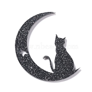 Halloween Acrylic Pendants, with Glitter Powder, Moon with Cat Charm, Black, 49.5x37x2mm, Hole: 1.8mm(MACR-C016-05)