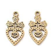 Ion Plating(IP) 316L Surgical Stainless Steel Pendants, Cross with Heart Charm, Real 18K Gold Plated, 17x9x1mm, Hole: 1.4mm(STAS-F302-02G)