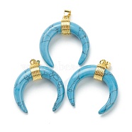 Synthetic Turquoise Pendants, with Golden Brass Findings, Double Horn/Crescent Moon, 31~33x30x10mm, Hole: 6x4mm(G-A017-10G)
