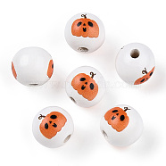 Halloween Theme Wood European Beads, Printed Large Hole Beads, Round, Dark Orange, Pumpkin, 15.5~16.5mm, Hole: 3.5~4.5mm(WOOD-N016-04A)