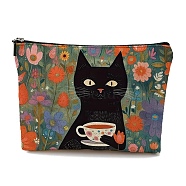 Cat with Cup Print Cotton Cosmetic Zipper Pouches, Waterproof Clutch Bag, Toilet Bag for Women, Cadet Blue, 25x17cm(PW-WG9D93E-01)