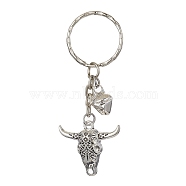 Tibetan Style Alloy Bull Head Kcychain, with Iron Findings and Iron Bells Charm, Antique Silver & Platinum, 7.5cm(KEYC-JKC00562-02)
