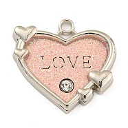 Alloy Pendants, with PU Leather, Rhinestone and Glitter Powder, Heart with Word Love, Cadmium Free & Lead Free, Pink, 29.5x31x4.5mm, Hole: 3mm(FIND-C052-02P-01)