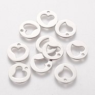 201 Stainless Steel Charms, Flat Round with Heart, Stainless Steel Color, 12mm(STAS-Q201-T090)