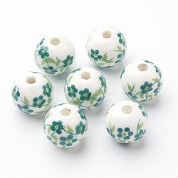12mm Round Sea Green Handmade Printed Porcelain Beads, Hole: 2mm(X-PORC-Q201-12mm-2)