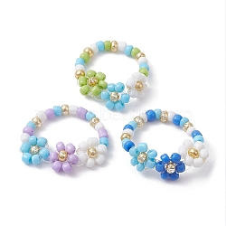3Pcs 3 Color Glass Seed Beaded Stretch Rings Sets. Flower Stackable Rings, Mixed Color, US Size 7 1/4(17.5mm), 1Pc/color(RJEW-JR00617)