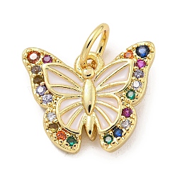 Rack Plating Brass Micro Pave Cubic Zirconia with Enamel Charms, with Jump Rings Long-Lasting Plated, Lead Free & Cadmium Free, Butterfly, White, 11x13x2.8mm, Hole: 3mm(KK-Q814-23G-01)