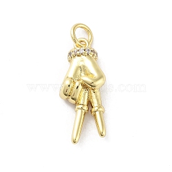 Rack Plating Palm Brass Micro Pave Cubic Zirconia Pendants, Cadmium Free & Lead Free, Long-Lasting Plated, Real 18K Gold Plated, with Jump Ring, Clear, 21x9x5mm, Hole: 3mm(KK-E102-18G-05)