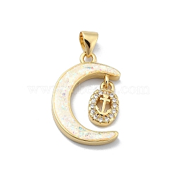 Brass Micro Pave Clear Cubic Zirconia Pendants, with Sythetic Opal, Real 18K Gold Plated, Moon, Anchor & Helm, 21.5x15x3mm, Hole: 4x3.5mm(KK-A221-18C-G)