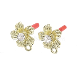 Rack Plating Golden Alloy with Rhinestone Stud Earring Findings, with Loops and 304 Stainless Steel Pins, Cadmium Free & Nickel Free & Lead Free, Flower, 16x13mm, Hole: 1.6mm, Pin: 0.7x10mm(EJEW-B036-02G-06)