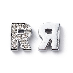 Alloy Initial Slide Charms with Grade A Rhinestones, for Personalized Name Necklaces Making, Lead Free & Nickel Free, Platinum, Letter.R, 12~13x8~13x4~5mm, Hole: 8x2mm(ALRI-R032-R-FF)