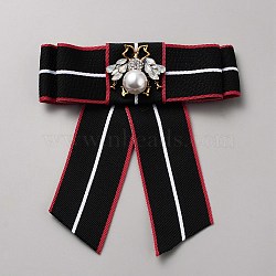 Bowknot Polyester Brooch, with Bee Alloy & Plastic Pearl & Rhinestone Findings, Black, 140x130x24mm(AJEW-WH20006-11)