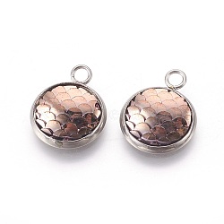 Resin Pendants, with 304 Stainless Steel Finding, Flat Round with Mermaid Fish Scale Shaped, Stainless Steel Color, Camel, 18x14x3.5mm, Hole: 2mm(RESI-L024-04)