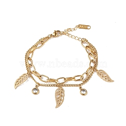 Ion Plating(IP) 304 Stainless Steel Double Layer Multi-strand Bracelet, Clear Cubic Zirconia & Feather Charms Bracelet for Women, Golden, 6-1/4 inch(16cm)(BJEW-G669-05G)