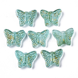 Transparent Spray Painted Glass Beads, with Golden Foil, Butterfly, Light Sea Green, 12.5x15.5x5mm, Hole: 1mm(X-GLAA-R215-06-E06)