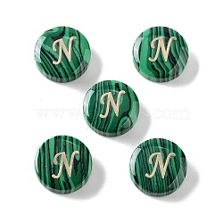 Synthetic Malachite Beads, with Golden Tone Brass Slices, Flat Round with Letter, Letter N, 15x5mm, Hole: 1.4mm(G-A238-01N)