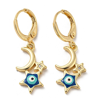 Real 18K Gold Plated Brass Dangle Leverback Earrings, with Enamel and Cubic Zirconia, Moon & Star with Evil Eye, Dark Blue, 32x11mm