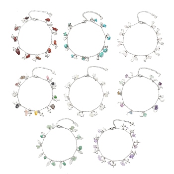 Natural & Synthetic Gemstone Anklets, with 304 Stainless Steel Charms, 22.9x0.15cm, 8pcs/set