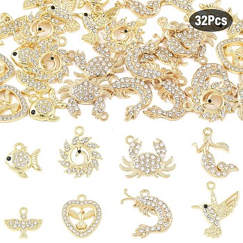 32Pcs 8 Styles Alloy Rhinestone Pendants, Mixed Shapes, Lead Free & Cadmium Free, Light Gold, 13.5~24x14~22x2~3mm, Hole: 1.6~2mm, 4pcs/style