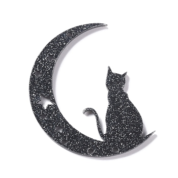 Halloween Acrylic Pendants, with Glitter Powder, Moon with Cat Charm, Black, 49.5x37x2mm, Hole: 1.8mm