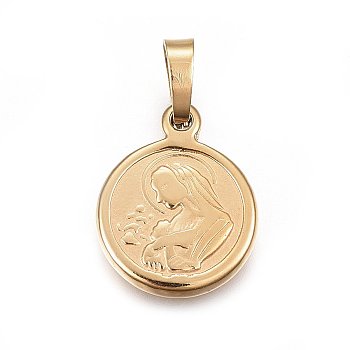 201 Stainless Steel Pendants, Flat Round with Virgin Mary, Golden, 17x14x2mm, Hole: 4x6mm