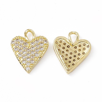 Brass Micro Pave Cubic Zirconia Pendants, Real 18K Gold Plated, with Glass Rhinestone, Heart Charm, Clear, 16x13x2mm, Hole: 3.5x2mm