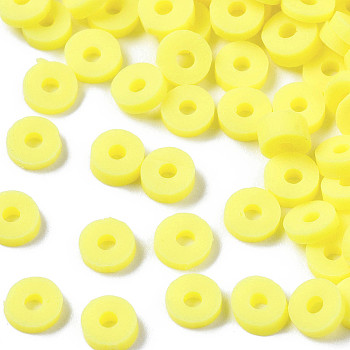 Handmade Polymer Clay Beads, Disc/Flat Round, Heishi Beads, Yellow, 4x1mm, Hole: 1mm, about 55000pcs/1000g